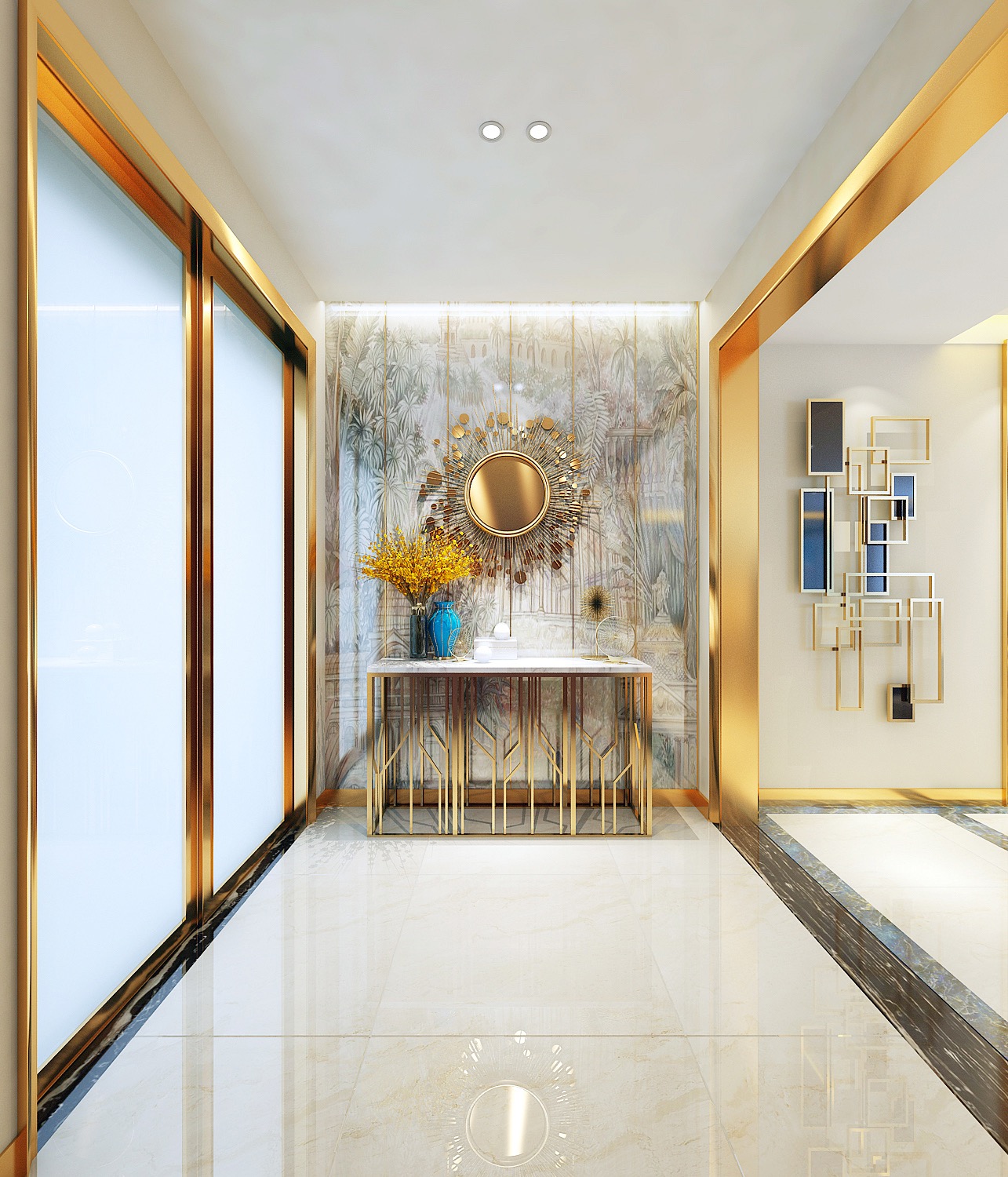 這個是在入戶門的玄關展示 對面陽臺的落地玻璃窗,整體線條是金屬_裝修美圖-新浪家居